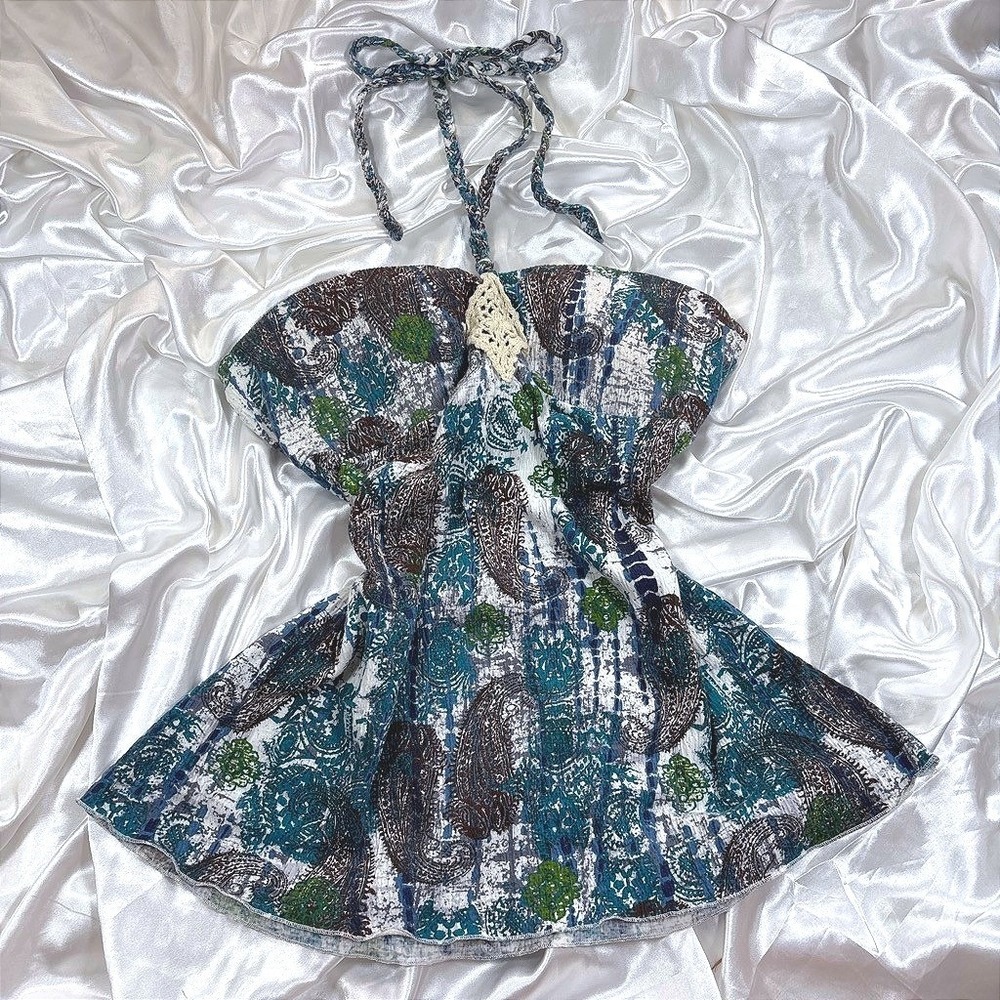 y2k boho Halter Top Blue Paisley Crochet Detail Self Esteem XL